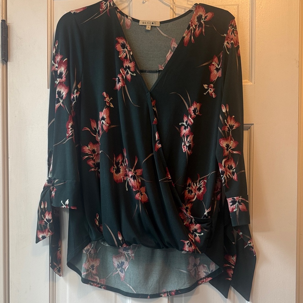Floral Wrap-style Blouse - Dark Green and Pink
